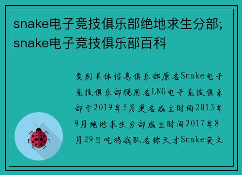 snake电子竞技俱乐部绝地求生分部;snake电子竞技俱乐部百科